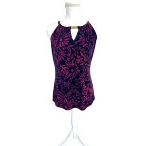Michael Kors Sleeveless Tank Top SZ S Gold Logo Floral Print Pink Navy Blue